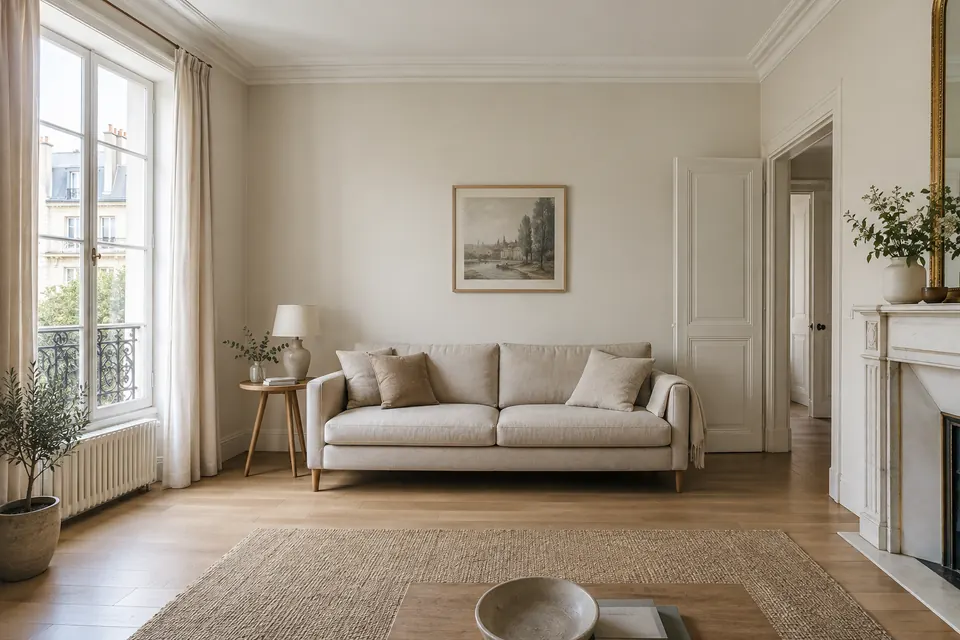 Illustration d’un salon lumineux aux murs crème, avec parquet et canapé en lin.